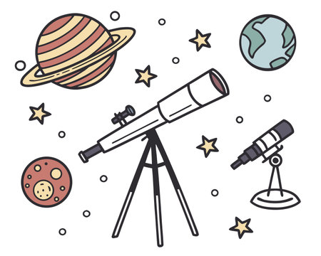 Astronomy and science icons. Vector illustration of telescope and planet.のイラスト素材