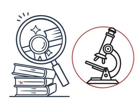 Microscope, books and magnifying glass icon. Vector illustration.