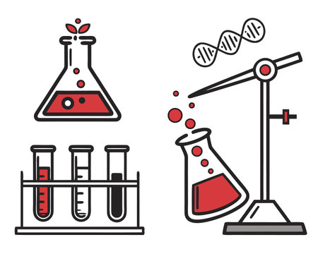 Laboratory glassware with chemical liquid and DNA molecule. Vector illustrationのイラスト素材