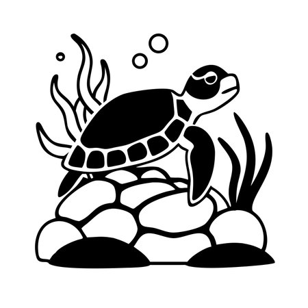 Turtle and algae. Black and white vector illustration isolated on white background.のイラスト素材