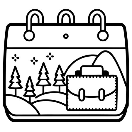 Outline illustration of a briefcase with a travel bag in a forest.のイラスト素材