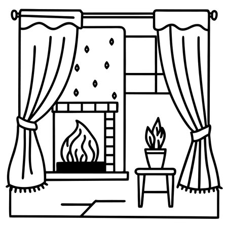 Fireplace with curtains and a chair. Black and white vector illustration.のイラスト素材