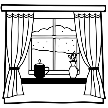 Window with curtains and a vase of flowers. Vector illustration.のイラスト素材