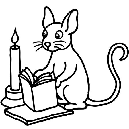 Illustration of a mouse reading a book and a candle in the backgroundのイラスト素材