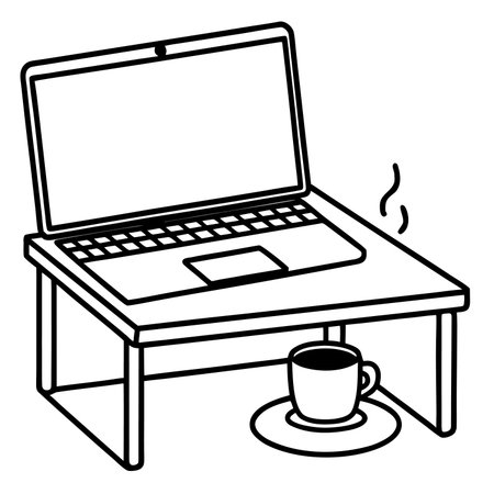 laptop computer with coffee cup vector illustration graphic design in black and whiteのイラスト素材