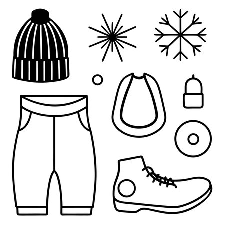 Set of winter clothes and accessories. Vector illustration in outline style.のイラスト素材