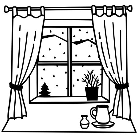 Window with curtains and a cup of coffee. Vector illustration in doodle styleのイラスト素材