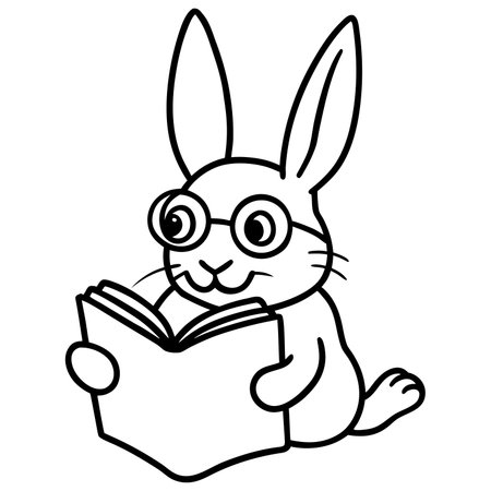 Cute cartoon rabbit reading a book. Black and white vector illustration.のイラスト素材