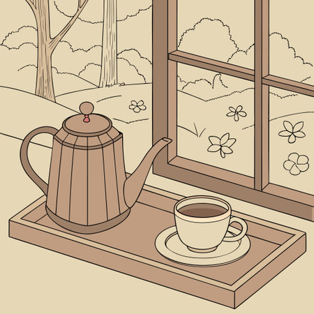 Cup of coffee and teapot on the window sill, vector illustrationのイラスト素材