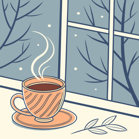 Cup of coffee on the windowsill in winter. Vector illustrationのイラスト素材
