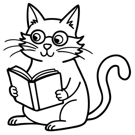 Black and White Cartoon Illustration of Cute Cat Reading a Book Coloring Bookのイラスト素材
