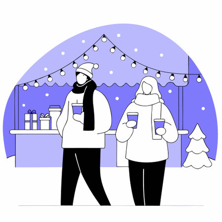 Vector illustration of a man and a woman in winter clothes with a cup of coffee in their hands.のイラスト素材