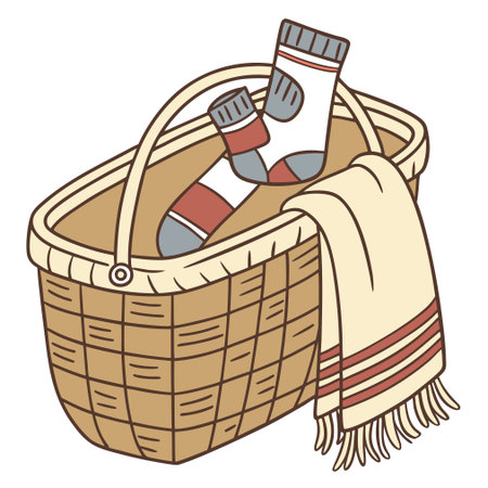 Wicker basket with socks and shawl. Vector illustration.のイラスト素材