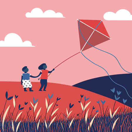 Children playing with a kite in the field. Vector illustration.のイラスト素材