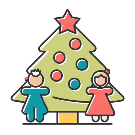 Children and Christmas tree line icon, vector graphics, a linear pattern on a white background.のイラスト素材