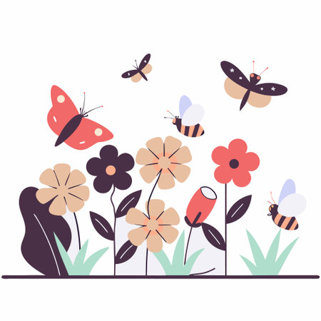 Flowers, butterflies and bees. Vector illustration in flat style.のイラスト素材