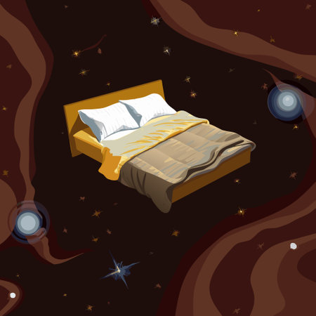 Vector illustration of a cartoon bed in the starry night. Vector illustration.のイラスト素材