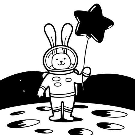 Black and White Cartoon Illustration of Cute Little Astronaut with Balloon for Coloring Bookのイラスト素材