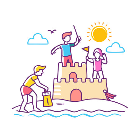 Sandcastle and people. Vector illustration in flat line design style.のイラスト素材