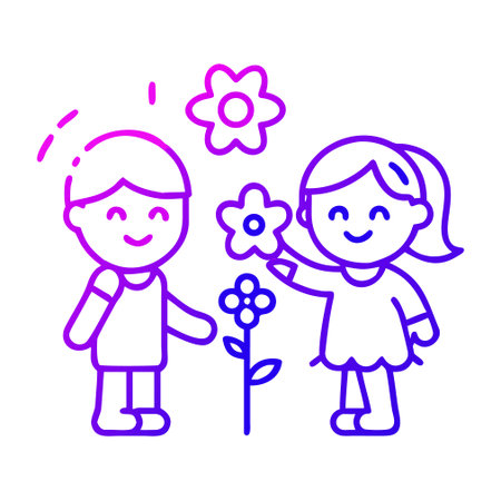 Cute little girl and boy with flowers. Vector linear illustration.のイラスト素材