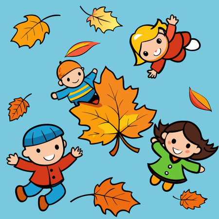 Illustration of a group of kids playing with autumn leaves - vectorのイラスト素材