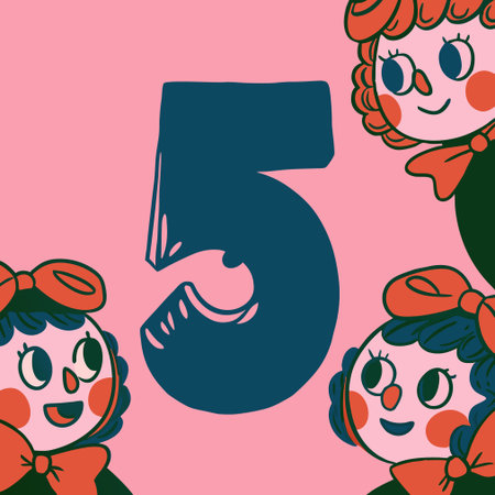 Number five with cute girls. Hand drawn vector illustration in cartoon style.のイラスト素材
