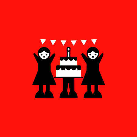 Happy birthday card with kids and cake on red background. Vector illustration.のイラスト素材