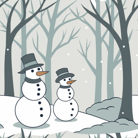 Snowman and snowman in winter forest. Vector Illustration.のイラスト素材