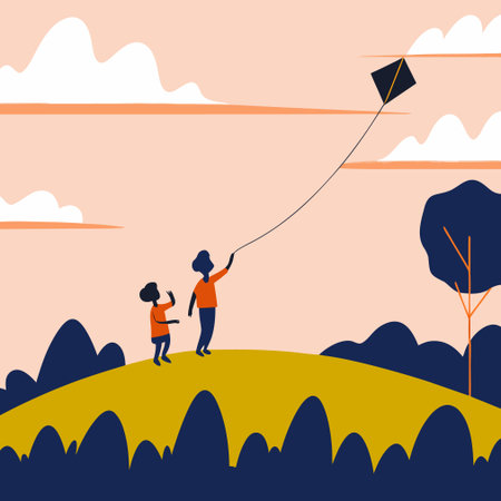 Children playing with a kite in the field. Vector illustration.のイラスト素材