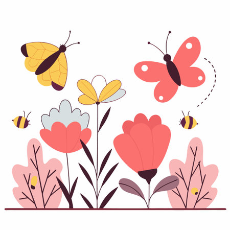 Flowers, butterflies and bees. Vector illustration in flat style.のイラスト素材