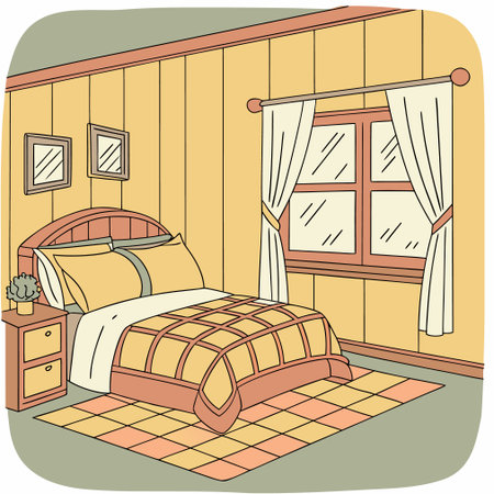 Illustration of a Bedroom with a Big Bed and a Big Windowのイラスト素材