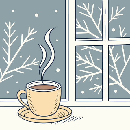 Cup of coffee and snowflakes on the window. Vector illustration.のイラスト素材