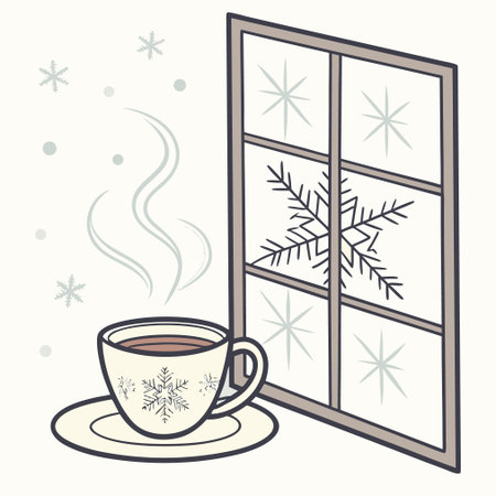 Cup of coffee and snowflakes on the window. Vector illustration.のイラスト素材