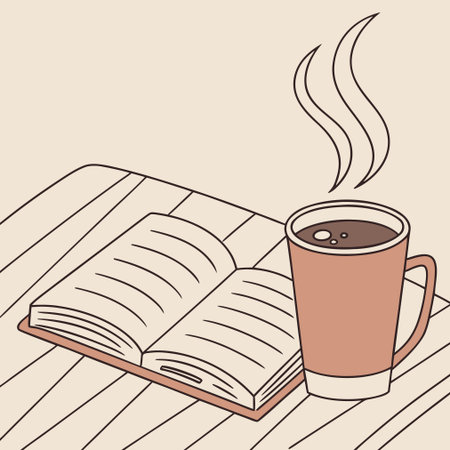 Coffee cup and book on wooden table. Vector illustration.のイラスト素材