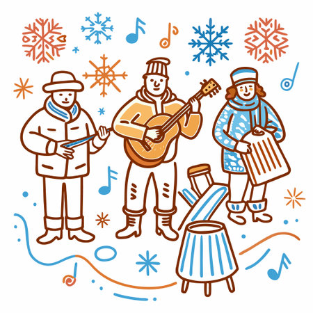 Musicians in winter clothes with musical instruments, cartoon vector illustration.のイラスト素材
