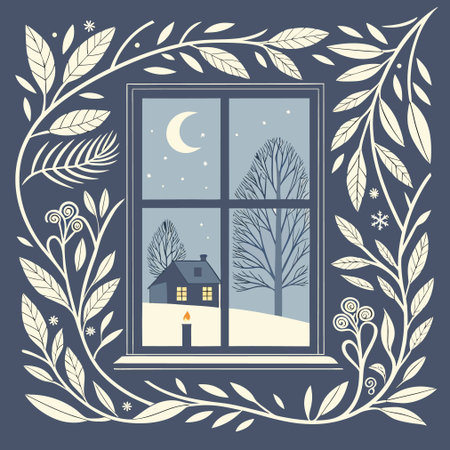 Winter window with winter landscape. Vector illustration. Design element for greeting card, poster or print.のイラスト素材