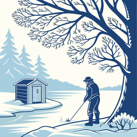 Man fishing on the lake. Winter landscape. Vector illustration in retro style.のイラスト素材