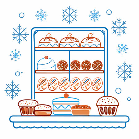 Vector illustration of a shelf with cakes and cookies on a white background.のイラスト素材
