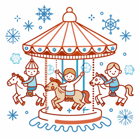 Children riding a merry-go-round. Christmas vector illustration.のイラスト素材
