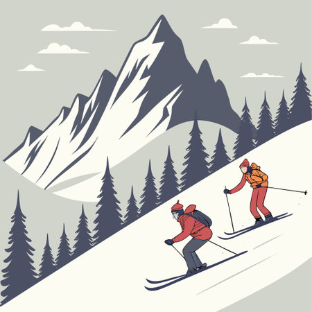 Skiing in the mountains. Vector illustration. Flat style.のイラスト素材