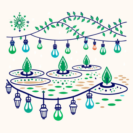 Decorative Christmas lights and trees in the garden. Vector illustration.のイラスト素材