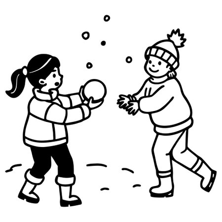 Children playing snowballs. Boy and girl in winter clothes. Vector illustration.のイラスト素材