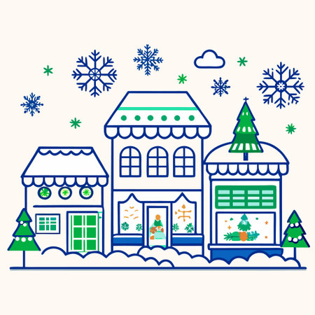 Christmas greeting card with houses, trees and snowflakes. Vector illustration.のイラスト素材