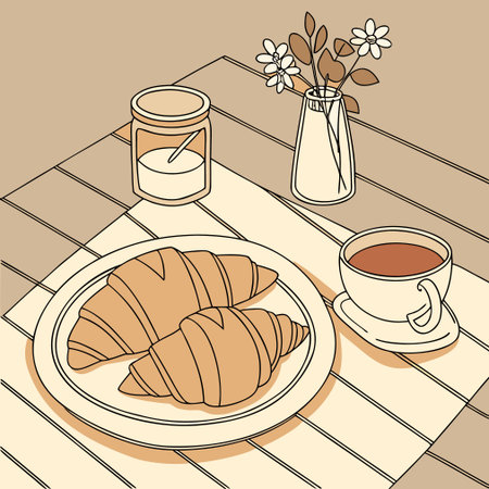 Breakfast with coffee and croissants. Vector illustration in flat styleのイラスト素材