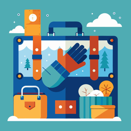 travel bag with winter season related icons over blue background. colorful design. vector illustrationのイラスト素材
