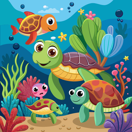 Cute turtle family swimming in the sea. Cartoon vector illustration.のイラスト素材