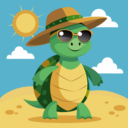 turtle with hat and sunglasses on the beach, vector illustration.のイラスト素材