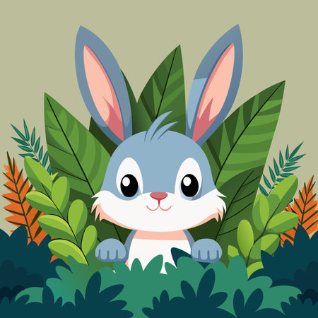 cute rabbit in the jungle with leafs plant vector illustration designのイラスト素材