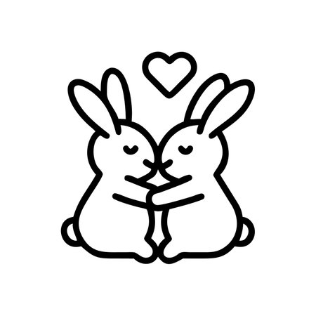 Cute bunnies with hearts vector illustration, line design iconのイラスト素材