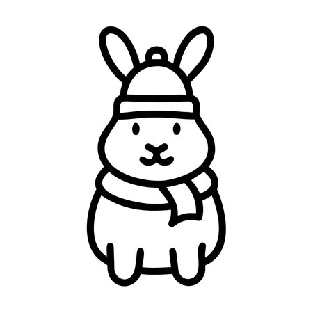 cute little rabbit with winter hat character thick line vector illustration designのイラスト素材